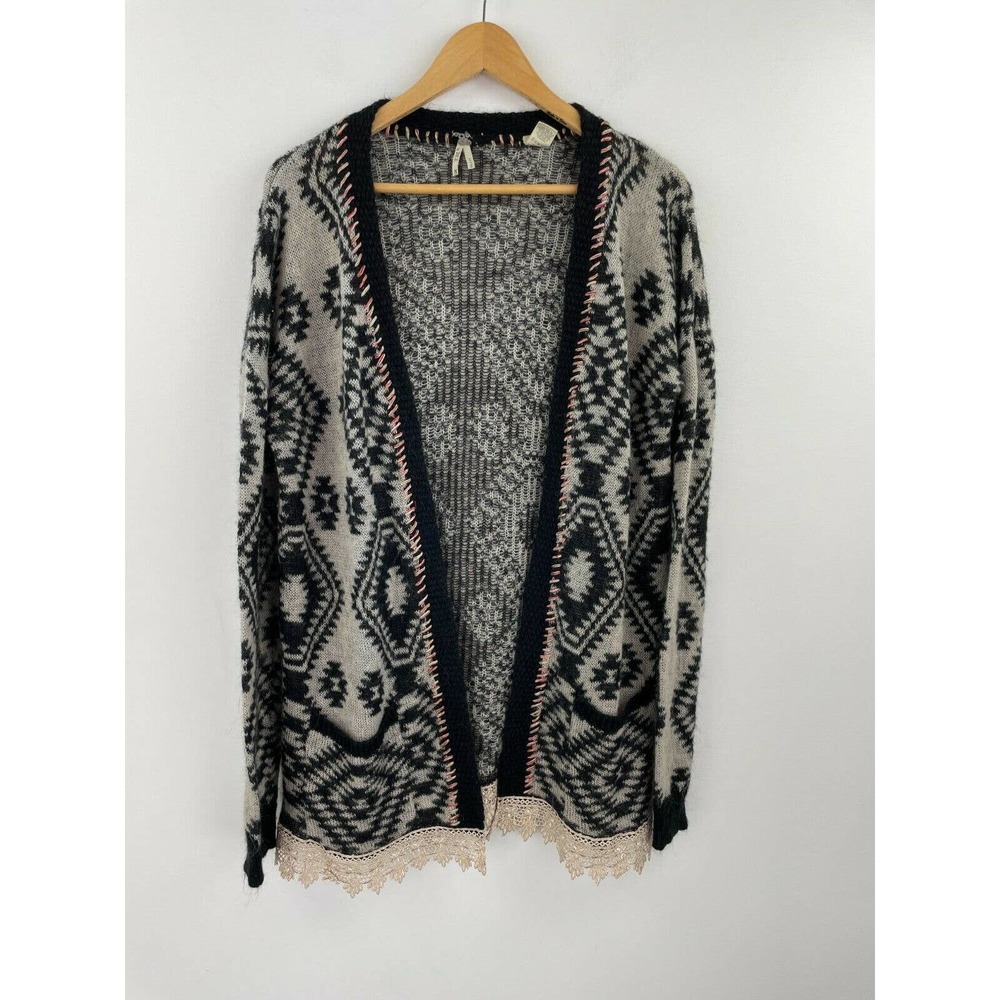 Buckle Medium Cardigan Sweater Aztec Long A58-12 Lace Wool Blend Womens Open